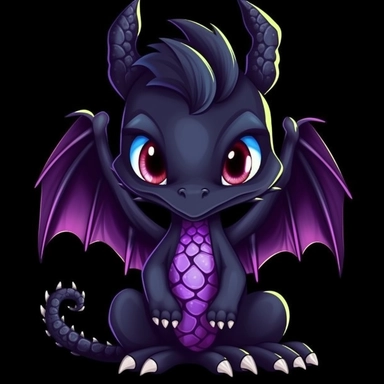 cute cartoon black and purple dragon clipart, black background,--no cut off edges