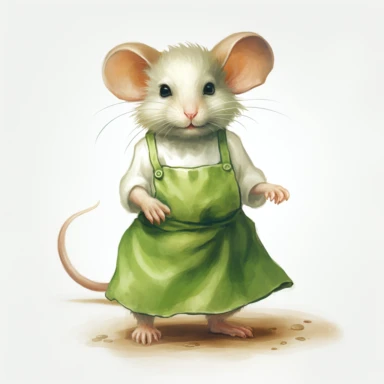 clipart vector image with plain white background of a watercolor painting of a white mouse standing. wearing a green skirt and a light green apron. extremely detailed.