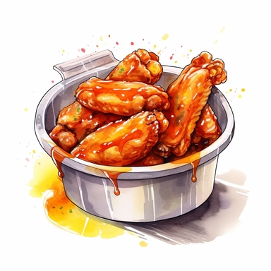 watercolour container with chicken wings, clipart on white background, no watermark, highly detailed, professional color gradation, clean sharpness