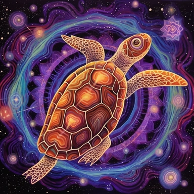 A oil painting of a turtle clipart with a surreal and fantastical design, floating in a starry sky with planets and comets. The turtle has a large body, a long neck, four wings, and a spiral tail. Its shell is covered with intricate patterns and symbols in glowing colors. The background is a dark purple sky, creating a contrast with the turtle’s luminous appearance. The painting has a magical and mysterious style, with an imaginative use of elements and colors. The perspective is from below, cre