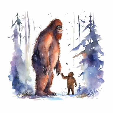Bigfoot and little bigfoot clipart watercolor, white background