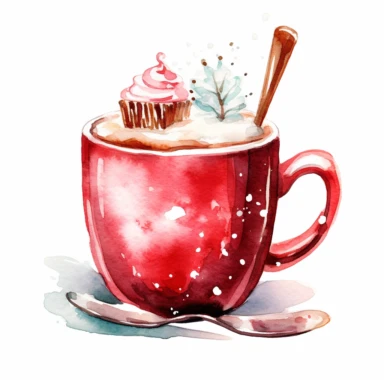 watercolor clipart of a cute cup of hot chocolate in a red mug, sparkles, winter wonderland vibes, isolated on white background