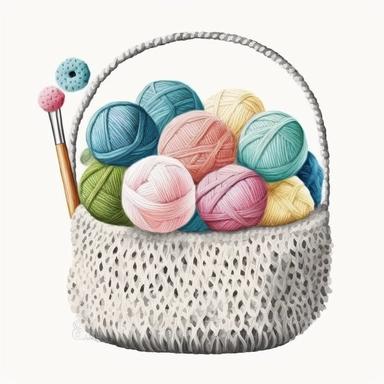 Crochet Yarn Ball in Basket Watercolor Clipart,clipart, white background, no watermark, no text, no word