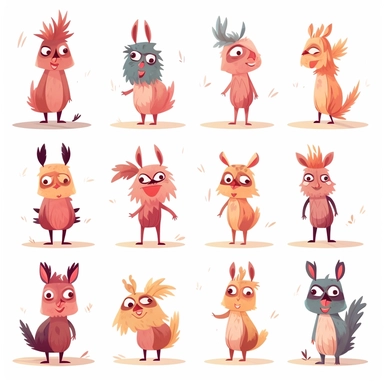 fred the baby llama, llama baby character, 12 poses and multiple expressions, pink fur, light brown skin, likes to chew grass, bipedal, children's book illustrative style clipart, flat colours, high resolution, consistent character, full colours,
