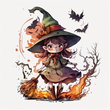 Cartoon Witch Clipart, with white Background, 8K, watercolor, HD,