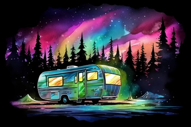 northern light camper scene, watercolor, colorful, bright vibrant, black background, clip art