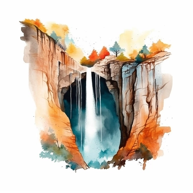 A waterfall in a canyon, Watercolor clipart, minimalist, bright colors, isolated white background, 8k