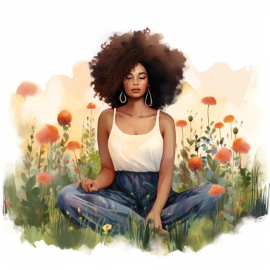 llustration of black woman, with an afro, boho modern aesthetic, cottagecore, avacadopunk, surrounded by florals, sitting in a meadow, flawless line work, watercolor, low detail, clipart, white background