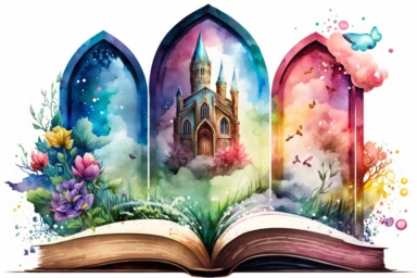 Watercolor Fantasy Books Clipart, Open Book Clip Art, old books, in the style of technicolor dreamscape,Magic Books, hd, on white background, no text, magical, flowers, castle, house