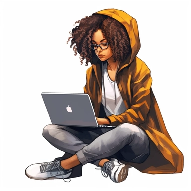 Black girl working on a laptop, cool hacker clothes, afro, watercolor style, clipart solid white background