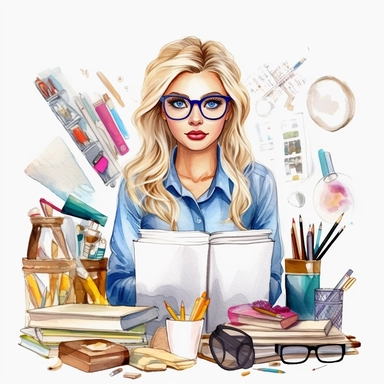 blonde fashion planner girl with glasses cleaning classroom, illustration, clip art, white background, sticker, watercolor, realistic