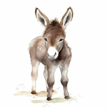 a playful baby donkey with kind eyes clipart with watercolor illustration,full body shot,8k,etsy style, white background
