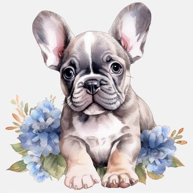 watercolour floral realistic French bulldog puppy laying down beautifully detailed perfect realistic facial features four perfect legs and paws beautiful perfectly detailed french bulldog puppy laying down beautiful clear detailed graphics, png image,high resolution,300dpi,graphic clipart,computer graphic