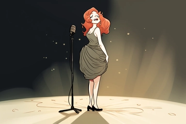 an anime clipart of an opera singer with red hair on the runway and a microphone set against the light, in the style of becky cloonan, curvaceous simplicity, creased crinkled wrinkled, charles addams, gigantic scale, extremely gendered, genderless