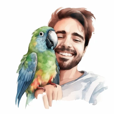 Adorable pet Lovebird having happy moment with it's human owner, water color style, clipart, white background