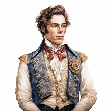 An intricate portrait of an 18th-century gentleman in a detailed ruffled cravat and jeweled vest watercolor clipart, hyper-realistic, white background