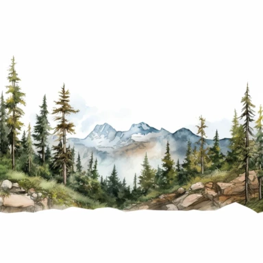 Watercolor wide mountain scene with trees, beautiful details, ultra detailed, ultra photo real intricate detailed, high definition, graphic clipart, hyper realistic, detailed, white background