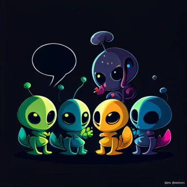 cartoon of a group of aliens talking in an online chat, cute, funny, clipart style, vector style, character by Cory Loftis, dark background 3:2