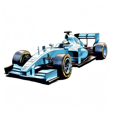 Clipart of the formula one car from George Russell with minimal details, aquarel colored cartoon style with thick borders. Only the car. White background, no floor, no shadow