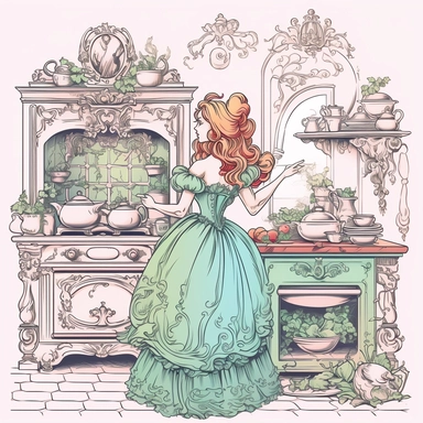 fairytale victorian kitchen, rococo, pastel colors, clean black outline, contour, vector, clipart, watercolor, white background, hd