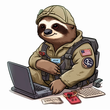 a morale patch showing a sloth coding in front of a PC in military clothes. Clipart