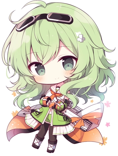 cute anime chibi girl, beach style, green hair, upbeat attitude, clipart, no background