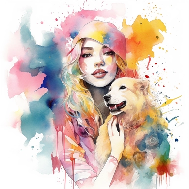 furry, female, very feminine, dynamic watercolor artwork with abstract elements and anime-inspired dog, perfect for use as clipart, The art style is energetic and lively, with a focus on bold and sweeping brushstrokes, The mood of the artwork is upbeat and optimistic, with a sense of the characters' outgoing and cheerful personalities, The lighting style is bright and vivid, with lively lighting casting a fun and playful atmosphere, T-shirt design graphic, vector, contour, white background