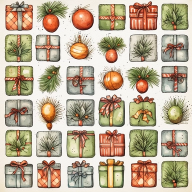 Watercolor line art, little squares filled with doodly patterns of  xmas ,ornaments and decorations , illustrations clipart set, simple, christmas colors , cartoon elements, different variants , stocking, bubble ornaments, mistletoe, holly, wreath, modern art, separate elements with a margin