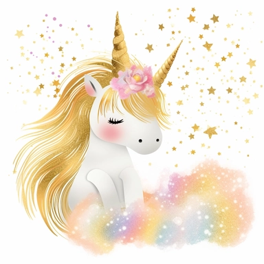 one gold glitter unicorn clipart with a rainbow an fluffy gold clouds,, white background