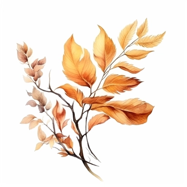 watercolor, hyper realistic, white background, white margins, 16k, ultra detailed clipart, cut out image, hand-drawn a branch with several leaves in different stages of falling, displaying a mix of warm tones like terracotta, ochre, and sienna.