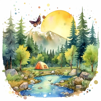 watercolor clipart painting of a Colorado mountain landscape, with evergreen pine trees, pinecones and sage green trees, with some yellow aspen trees and white birch trees, camping tent by a stream with rocks in the babbling brook, a butterfly and dragonfly, some birds, a sunset, hd, mystical and whimsical illustration with a little gold glitter and aurora borealis bubbles, with a few flowers and floral and botanical and ethereal elements, with white background,