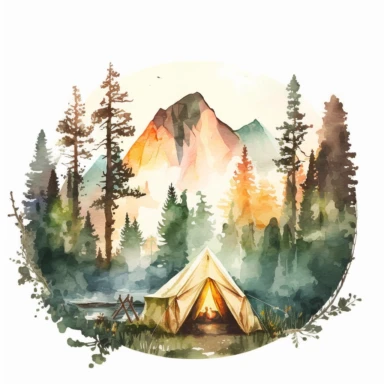 Detailed Watercolor Camping scene with forest and moutains clipart