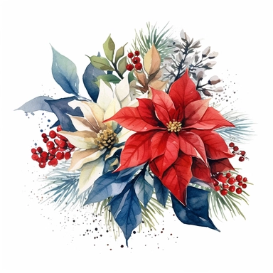 vivid poinsettia Christmas arrangement clipart, watercolor effect, high definition, red green white gold blue, white background, image only