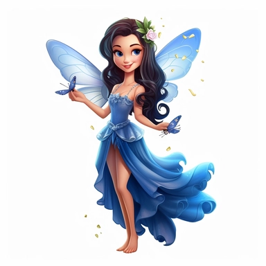 a beautiful smiling fairy girl holding a beautiful butterfly in her hands, royal blue dress, big fairy wings, lovely butterflies all around her, pixar style, full body image, clipart, white background