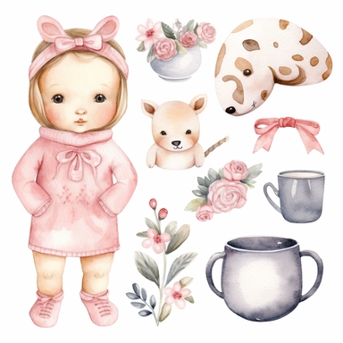 Newborn Baby Girl clipart set.Accessories for a newborn. baby girl.Watercolor hand painted illustrations isolated on white background