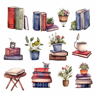 World book day hand drawn watercolor clipart set. Library books collection