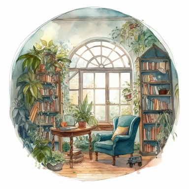 a watercolor clipart of a bookroom with a big oval window, white background clipart, plants and nature, in the style of darkly romantic illustrations, uhd image, studyplace, fairycore, charming character illustrations, embroidery art, lively nature scenes