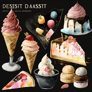 dessert watercolour clipart with black background