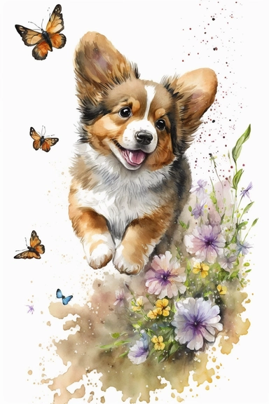 Adorable chiot jouant avec papillon et fleurs : Clipart aquarelle,réalisé félin mignon, utilisation commerciale, 300 DPI, Art mural, fabrication de cartes,