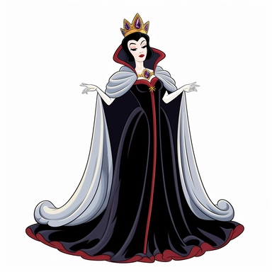 2d thick-lined clipart illustration of an evil but beautiful countess, in the style of 1959's sleeping beauty movie, white background