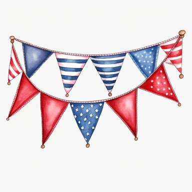 4th of July Patriotic bunting - Clip art of patriotic bunting or flag garland in red, white, and blue. png Full body realistic cartoon in 32K UHD cute. 15 cm thick outline. Black color. There was no shadow on the ground. 8k with realistic watercolors and detailed illustrations. PNG clipart, transparent white background