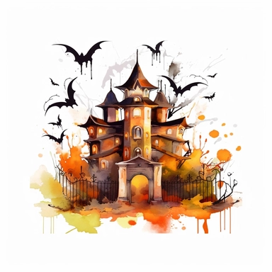 Clipart, oil paint, halloween haunted palace with bats and pumpkins, smooth color, 8k white background,---q3