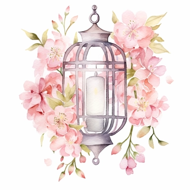 Create a watercolor clipart of a hanging paper lantern adorned with soft pastel pink flowers and delicate ribbons on a white background. The lantern should have intricate patterns and texture, and the flowers should be beautifully detailed, adding a touch of elegance and charm to any space.