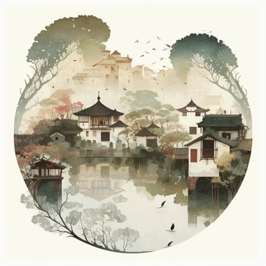 in the style of Ryo Takemasa, xuan loc xuan, Lisa Audit, Anastasia Suvorova, Jon Klassen, greg tocchini, separated isolated single of life in beautiful water town zhouzhuang, oriental, white background, anemoia, serene, cozy, vector, clipart, elaborate, cute, limpid, well composed, vibrant color tone, trending on artstation, elaborate, cinematic lighting, vibrant colors, high definition