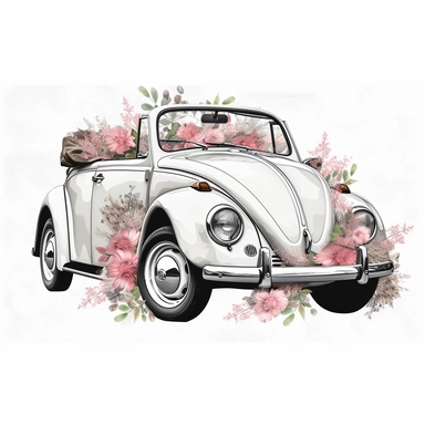 clipart, vintage Volkswagen bug convertible in white with a black convertible top, convertible top down, surrounded by muted pink florals , clean white background