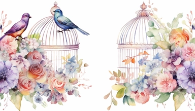 watercolor clipart set illustrations of beautiful intricate Victorian birdcage with flowers on white background