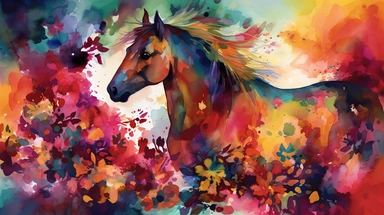 A vibrant watercolor of a single horse rendered as a digital clipart, drawing inspiration from the bold, expressive blooms found in Emil Nolde's garden paintings, featuring a vivid color palette that captures the flowers' natural radiance, illuminated by bright, contrasting light that emphasizes the rich, saturated hues and dynamic brushwork, and composed using an organic, free-flowing layout that conveys a sense of movement and growth.