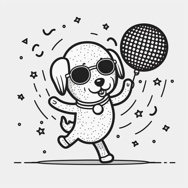 A cartoon dog dancing in a disco with a disco ball. cute, clipart, flat 2d vector, minimalist, black and white, kids cartoon, svg cut file, line art drawing