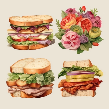 4 watercolor cliparts of neoclassical sandwich with flowers integrated on it, yaka art, Hyperrealistic still life, aurorapunk, 1990s, appropriation artist, hellenistic art