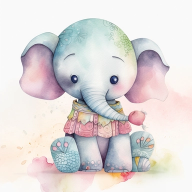 Design a cute plush toy baby elephant, handpainted with watercolor pencils, as clipart for decorating a baby nursery. Styled like children’s illustration, folk art, whimsical, cartoonish. Use bright varied pastel colors and festural brush strokes.